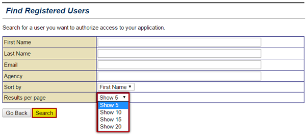 Use the drop-down Results per page menu to choose how many results from your Find Registered User search to be displayed per page. Show 5 is selected and the Search button is highlighted. See Appendix for alt text description.