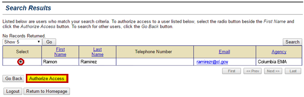 Search Results screen. Select (radio button), First Name: Ramon, Last Name: Ramirez, Telephone Number: (blank), Email: ramirezr@cl.gov, Agency: Columbia EMA. Authorize Access button highlighted. See Appendix for alt text description.