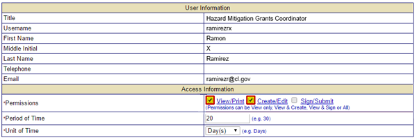 At the bottom of the Update Access screen, indicate the level of access you wish to provide to a Registered User by selecting the checkboxes to the left of View/Print, Create/Edit, and or Sign/Submit. See Appendix for alt text description.