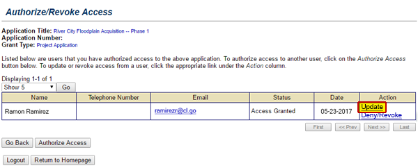 Select the Update link (highlighted and emphasized) from the Action column on the Authorize/Revoke Access screen to change the level or duration of a user's access privileges. See Appendix for alt text description.