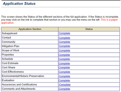 The Select column of the Application Status screen for a paper application lists Complete hyperlinks for all application sections. See Appendix for alt text description.