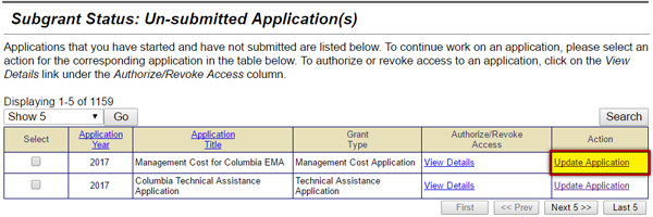 Subgrant Status: Un-submitted Application(s) screen displays applications that have been started, but not completed. Select the Update Application link to continue working on an application. See Appendix for alt text description.