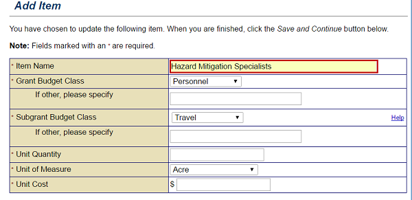 When adding an item to the Cost Estimate section of a grant as subgrant application, you must provide the item name. Example shows "Hazard Mitigation Specialists." See Appendix for alt text description.