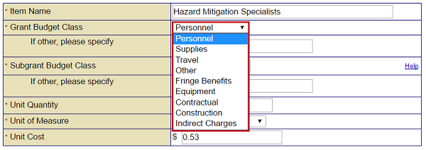 Select the grant budget class from the drop-down menu from the Cost Estimate Add Item screen. The example shows: Personnel. See Appendix for alt text description.