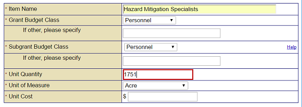 Indicate the quantity of units of the Cost Estimate budget item on the Add Item screen. The example shows: 1751. See Appendix for alt text description.