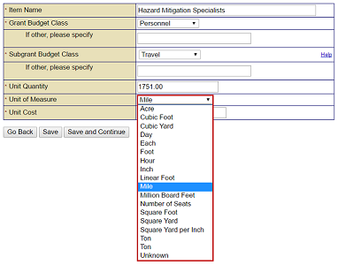 Select the unit of measure from the drop-down menu items on the Cost Estimate Add Item screen. The example shows Mile selected. See Appendix for alt text description.