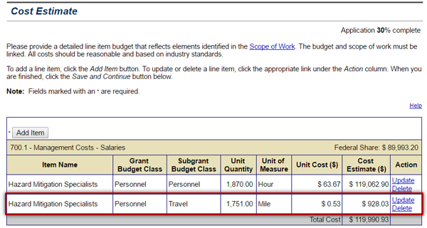 The details of the budget line item appear on the Cost Estimate screen under the associated activity from the application's Scope of Work section. See Appendix for alt text description.