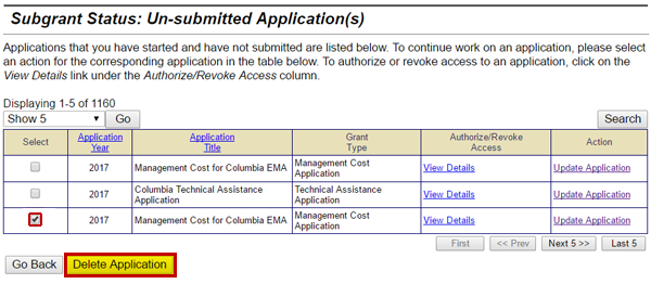 To delete an un-submitted subgrant application, check the box in the Select column to the left of the application title, then select the Delete Application button. See Appendix for alt text description.