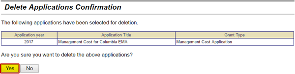 The application year, title, and grant type of the subgrant application to be deleted is displayed with a question: Are you sure you want to delete the above application? Yes (highlighted) No buttons. See Appendix for alt text description.