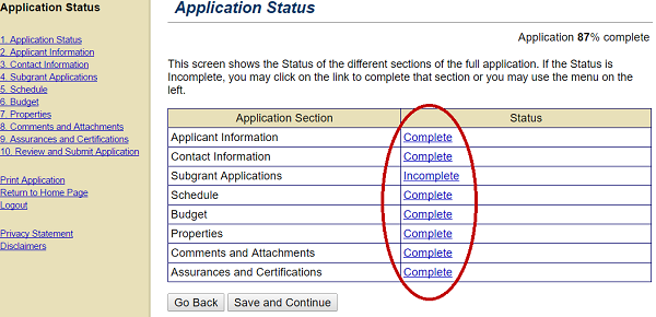 As with subgrant applications, the Status column of the Grant Application Status screen shows the status of a section as “complete” or “incomplete” (column circled).  See Appendix for alt text description.