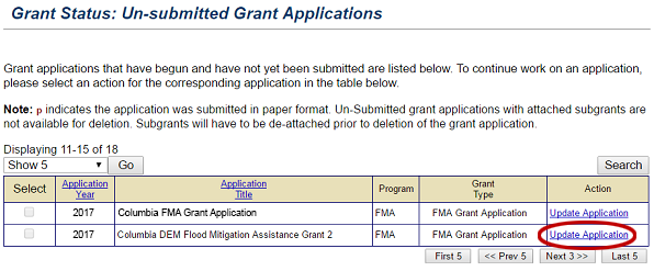 On the Grant Status: In-submitted Grant Applications screen, select the Update Application link for the grant application you wish to update. See Appendix for alt text description.