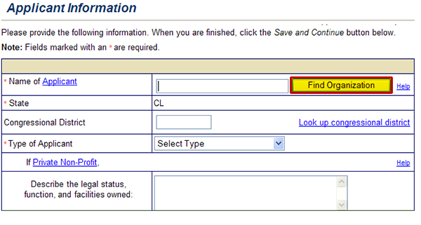 Screenshot of Applicant section. This section collects information to identify the Grant Applicant. Us the Organization Search button to autopopulate many fields in this section. See Appendix for alt text description.