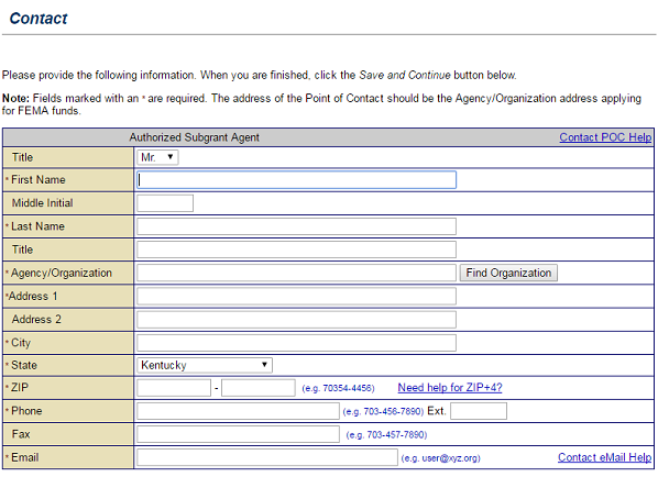 Screenshot of Contact section. This section collects information to identify the Point of Contact for the grant application. See Appendix for alt text description.