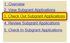 Review Subgrant Application sidebar menu (hyperlinked) 1. Overview, 2. View Subgrant Applications, 3. Check out Subgrant Applications (emphasized), 4. Review Subgrant Applications, 5. Check In Subgrant Applications.