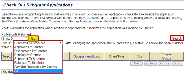 Use the drop down menu on the Check Out Subgrant Applications screen to view all (selected), or subgrant applications grouped according to their review status. See Appendix for alt text description.