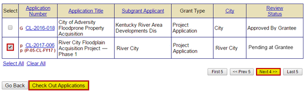 A list of submitted subgrant applications appears. Check the box in the Select column to the left of an application number and select the Check Out Application button to review an application. See Appendix for all text description.