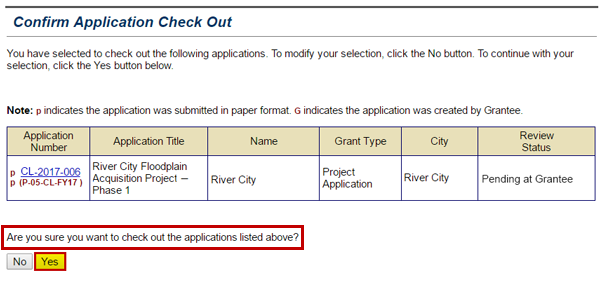 The Confirm Application Check Out screen prompt asks "Are you sure you want to check out the applications listed above?" Select the Yes (highlighted) or No button. See Appendix for alt text description.