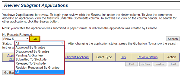 To view all submitted subgrant applications you have checked out, select the All option from the Status drop-down menu on the Review Subgrant Applications screen. See Appendix for alt text description.