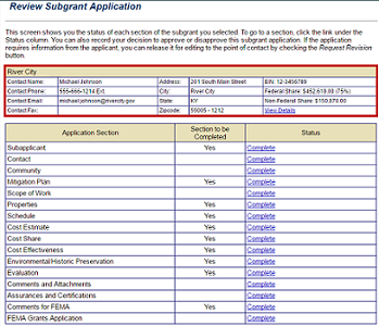 The Review Subgrant Application screen displays the Contact and federal share information for a subgrant application, application section titles, if they are required, and the completion status for each. See Appendix for alt text description.