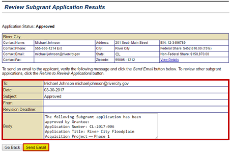 The Review Subgrant Application Results screen displays a sample email informing the Subgrant Applicant that the Grant Applicant has approved the subgrant application. See Appendix for alt text description.