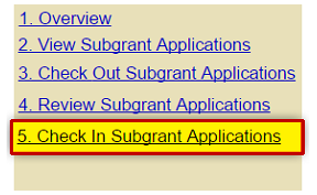 Review Subgrant Application sidebar menu (hyperlinked) 1. Overview, 2. View Subgrant Applications, 3. Check out Subgrant Applications, 4. Review Subgrant Applications, 5. Check In Subgrant Applications (emphasized).