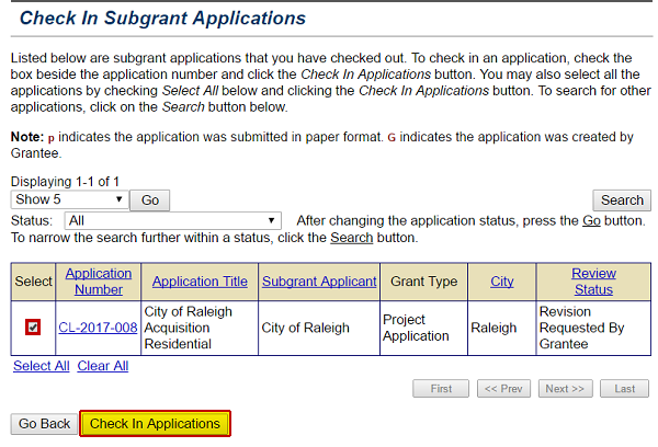 The list of checked out subgrant applications appears. Check to box in the Select column to the left of the application title you wish to check in. Select Check In Applications button. See Appendix for alt text description.