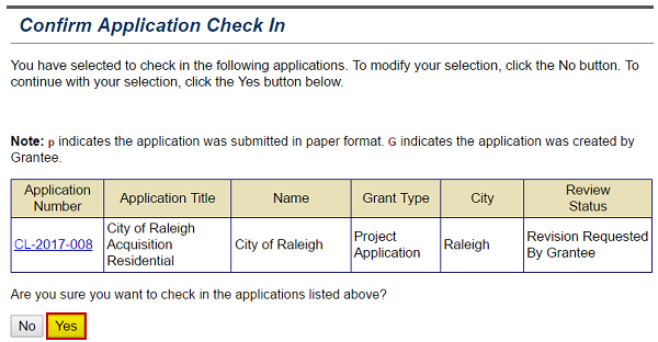 The Confirm Application Check In screen asks "Are you sure you want to check in the applications listed above?" The Yes button is highlighted. See Appendix for alt text description.