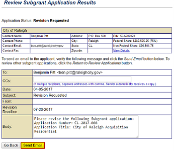 An email advising the Subgrant Applicant of the request to revise a subgrant application is generated. See Appendix for alt text description.