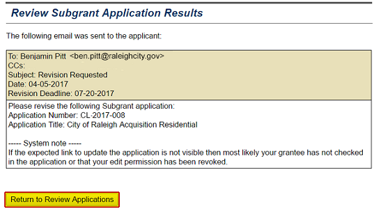 A confirmation that the Revision Request email was sent to the Subgrant Applicant point of contact appears. Select the Return to Review Applications button (emphasized). See Appendix for alt text description.