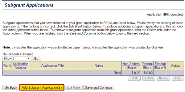 Select the Add Subgrant Applications button on the Subgrant Applications screen to search for eligible subgrants to attach to a grant application. See Appendix for alt text description.