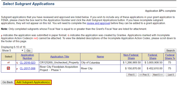 Approved subgrant applications shown on Select Subgrant Applications screen. River City Floodplain Acquisition Project -- Phase 1 selected. Add Subgrant Applications button (highlighted, emphasized). See Appendix for alt text description.