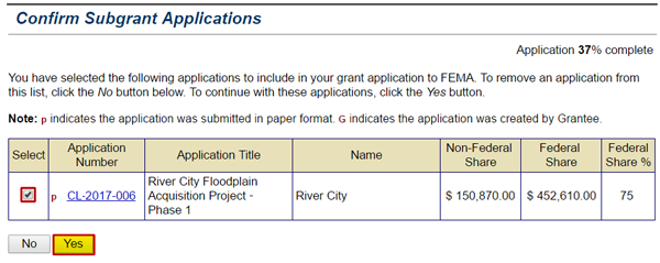 Confirm Subgrant Applications screen. River City Floodplain Acquisition Project -- Phase 1 selected to be included in a grant application. Yes button (highlighted, emphasized). See Appendix for alt text description.