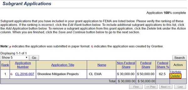 Select the Delete link in the Action column of the Subgrant Applications screen to delete a subgrant application attached to an un-submitted grant application. See Appendix for alt text description.