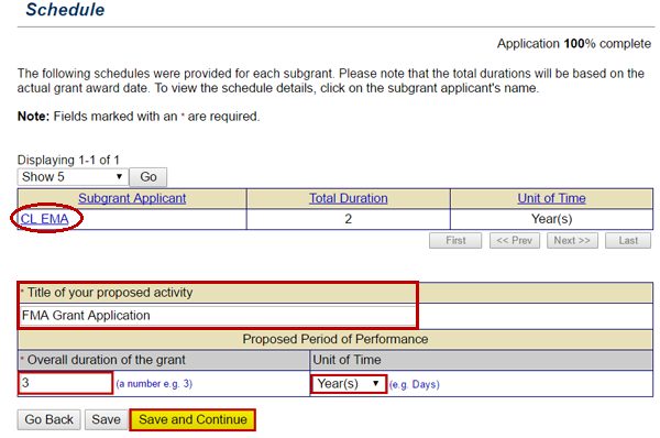 Enter the overall duration (text field emphasized) and unit of time (text field emphasized) of the grant’s Proposed Period of Performance on the Schedule screen. Save and continue button (emphasized). See Appendix for alt text description.