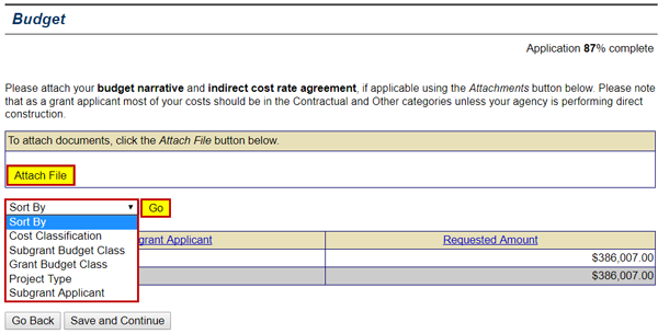 On the Budget screen, select the Add File button to attach a budget narrative and indirect cost rate agreement. Sort subgrant budgets using the dropdown menu options. See Appendix for alt text description.