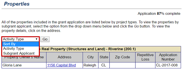 The Properties page lists all properties affected in the grant application. The Sort By drop-down menu allows you to sort by Activity Type or Subgrant Applicant. See Appendix for alt text description.