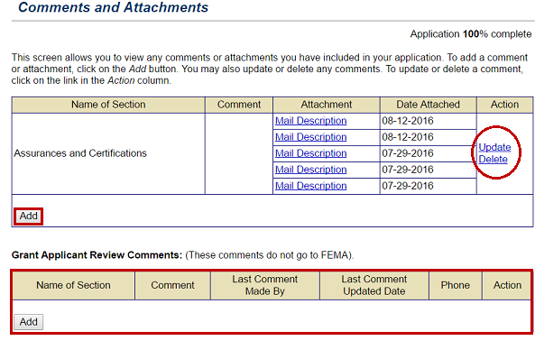 View all comments and attachments to subgrant applications added to a grant application. Grant Applicants may add review comments (section emphasized) which are not forwarded onto FEMA. See Appendix for alt text description.