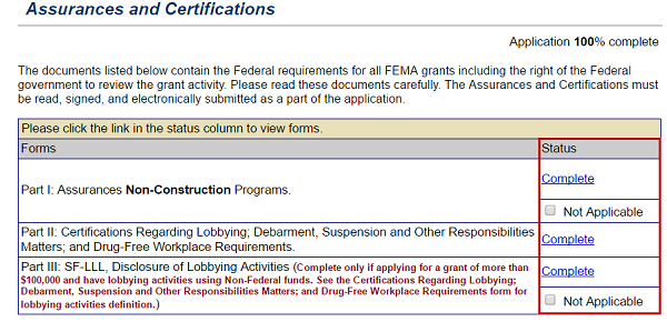 The Assurances and Certification section shows the Part I, Part II, and Part III forms are complete for this application. See Appendix for alt text description.