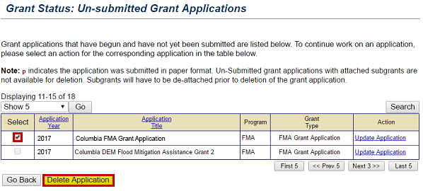 To delete an in-submitted grant application, check the box (selected, emphasized) in the Select column to the left of the application title, then select the Delete Application button (emphasized). See Appendix for alt text description.