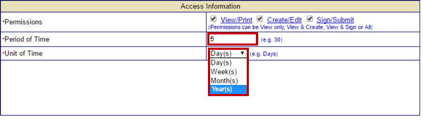 To allow a user with Sign/Submit privileges to accept a grant award and submit quarterly financial and performance reports, it is advisable to allow them access to the grant application for five years. See Appendix for alt text description.