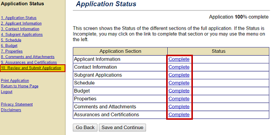 Application Status screen. When all sections of the grant application have the Complete status shown, you may select the Review and Submit Application link from the Sidebar Menu. See Appendix for alt text description.