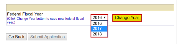 Update the fiscal year of submission using the drop down menu (emphasized) 2017 selected, and select the Change Year button (emphasized). See Appendix for alt text description.