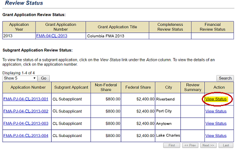 The View Status link on submitted Flood Mitigation Assistance subgrant applications can be selected to review FEMA revision requests. See Appendix for alt text description.