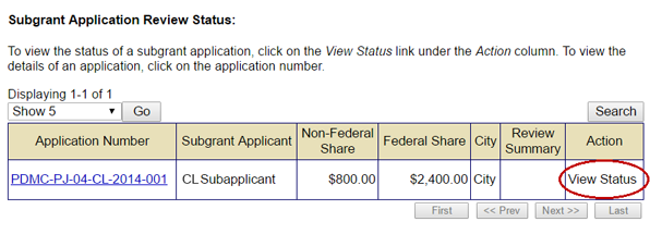 Because of their competitive nature, the View Status link in the Action is not active for Pre-Disaster Mitigation subgrant applications on the Review Status screen. See Appendix for alt text description.