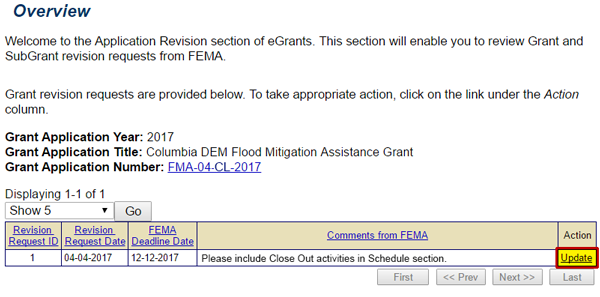 Select the Update link (emphasized) on the Overview screen to begin the revision process for a submitted grant application. See Appendix for alt text description.