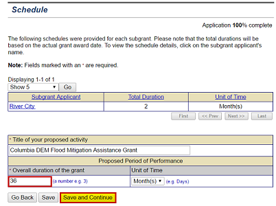 Information on the duration of attached subgrant applications and the grant application are displayed on the Schedule screen. The duration of the grant can be updated. See Appendix for alt text description.