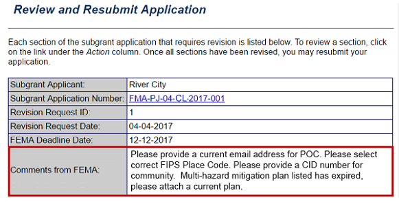 The top of the Review and Resubmit Application screen includes information on the subgrant application which requires revisions and Comments from FEMA. See Appendix for alt text description.