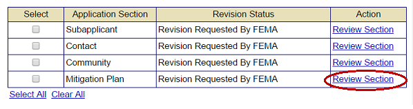 Select the Review Section link (circled) for the Mitigation Plan section to make FEMA requested revisions to a subgrant on behalf of the Subgrant Applicant. See Appendix for alt text description.