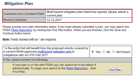 The Mitigation Plan screen displays comments from Grantee/FEMA: "Multi-hazard mitigation plan listed has expired, please attach a current plan" and the revision deadline: 12-12-2017. See Appendix for alt text description.