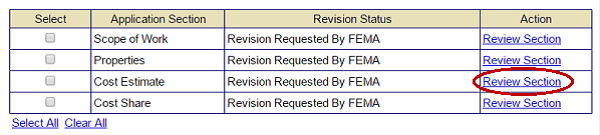 The list of subgrant application sections that must be revised are displayed. The Review Section link in the Action column of the Cost Estimate section is circled. See Appendix for alt text details.